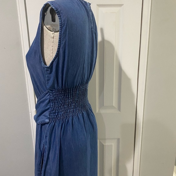 Zara Smocked Waist Maxi Sleeveless Tie Waist Chambray Denim Blue Dress Small - Picture 9 of 10